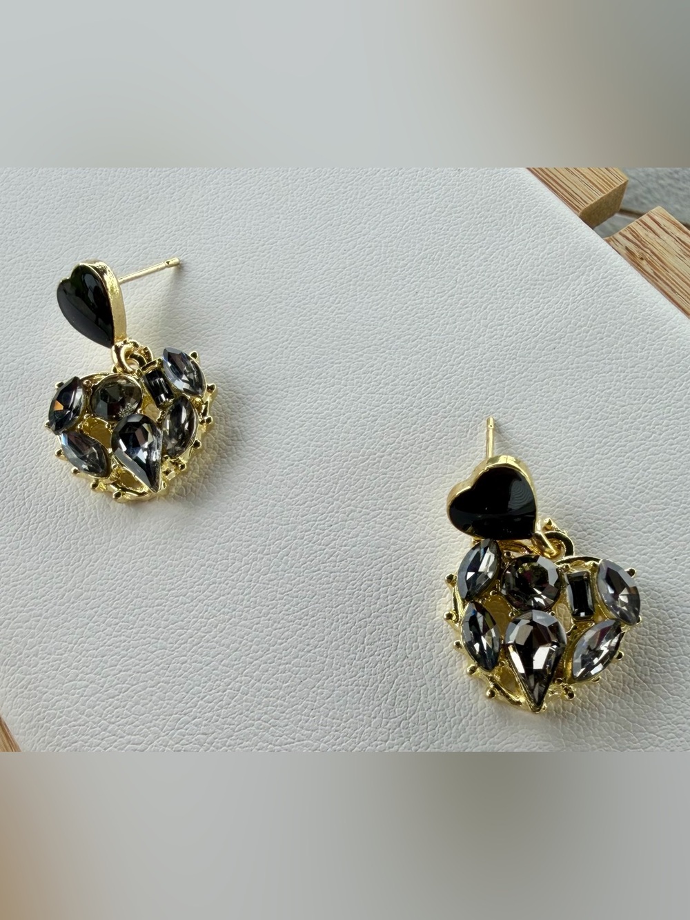 Gold-Tone Black Heart Drop Earrings with Smoky Crystal Accents